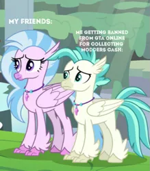 Size: 449x512 | Tagged: safe, derpibooru import, edit, edited screencap, screencap, silverstream, terramar, hippogriff, pony, student counsel, caption, cropped, gta online, meme, this will end in tears