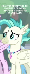 Size: 153x372 | Tagged: backstory in description, caption, computer, cropped, derpibooru import, edit, edited screencap, forgetful, meme, reference, regret, safe, screencap, silverstream, solo focus, student counsel, terramar, wal-mart