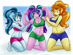 Size: 2475x1890 | Tagged: suggestive, artist:ambris, derpibooru import, adagio dazzle, aria blaze, sonata dusk, human, equestria girls, armpits, barefoot, belly button, biceps, blushing, breasts, buff, busty adagio dazzle, busty aria blaze, cleavage, cute, feet, female, females only, flexing, muscles, sonatabetes, the dazzlings, trio