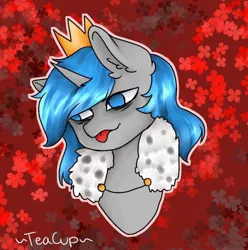 Size: 2030x2043 | Tagged: safe, derpibooru import, oc, oc:frozen love, unofficial characters only, pony, unicorn, blue eyes, cloak, clothes, crown, derp face, digital art, fluffy, golden crown, head, jewelry, pure evil, regalia, solo, tired, tongue out, world domination