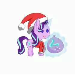 Size: 3300x3300 | Tagged: safe, artist:iceflare0714, derpibooru import, starlight glimmer, pony, unicorn, christmas, clothes, costume, glowing horn, hat, holiday, horn, padoru, santa costume, santa hat, solo