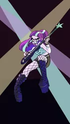 Size: 750x1330 | Tagged: safe, artist:ponyretirementhome, derpibooru import, starlight glimmer, equestria girls, boots, clothes, edgelight glimmer, emo, fishnets, goth, guitar, musical instrument, shoes, solo, teenage glimmer, teenager, tongue out, younger