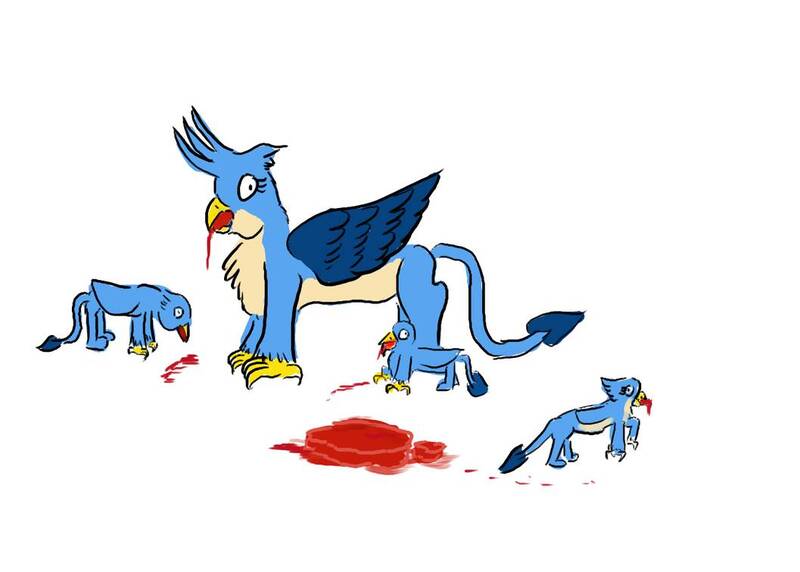 Size: 1057x756 | Tagged: semi-grimdark, artist:horsesplease, derpibooru import, gallus, gryphon, blood, carnivore, chickub, derp, food, gallina, gallina the hen, griffons doing griffon things, meat, mouth hold, mutton, offspring, parents:gallgall, parents:selfcest, predator, product of incest, product of selfcest, rule 63