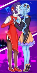 Size: 1216x2375 | Tagged: safe, artist:starwantrix, derpibooru import, rarity, trixie, fanfic:great and powerful darling, equestria girls, blushing, bow, clothes, dress, female, gloves, kissing, lesbian, rarixie, shipping, surprise kiss, surprised, tiptoe