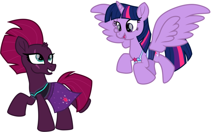 Size: 10343x6459 | Tagged: safe, alternate version, artist:ejlightning007arts, derpibooru import, edit, fizzlepop berrytwist, tempest shadow, twilight sparkle, twilight sparkle (alicorn), alicorn, pony, unicorn, broken horn, clothes, cute, equestria girls outfit, eye scar, female, flying, happy, horn, lesbian, open mouth, redesign, running, sarong, scar, shipping, simple background, smiling, swimsuit, tempestlight, transparent background, vector