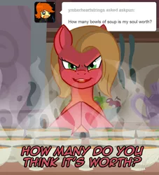 Size: 726x800 | Tagged: safe, artist:kaylathehedgehog, derpibooru import, oc, oc:pun, pony, ask pun, ask, food, solo, soup