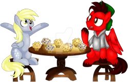 Size: 1920x1228 | Tagged: safe, artist:missmele-madness, derpibooru import, derpy hooves, oc, pegasus, pony, deviantart watermark, food, male, muffin, obtrusive watermark, simple background, stallion, table, transparent background, watermark