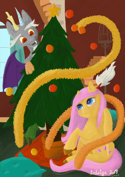 Size: 2480x3508 | Tagged: safe, artist:ardilya, derpibooru import, discord, fluttershy, draconequus, pegasus, christmas, christmas tree, colourful, digital art, discoshy, female, happy, holiday, home, male, shipping, straight, tree