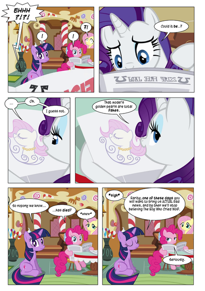 Size: 868x1228 | Tagged: artist:dziadek1990, bait and switch, boy who cried wolf, comic, conversation, derpibooru import, dialogue, edit, edited screencap, false alarm, fluttershy, foal free press, newspaper, panic, pinkie pie, ponyville confidential, rarity, safe, screencap, screencap comic, slice of life, sugarcube corner, text, twilight sparkle