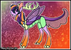 Size: 1024x727 | Tagged: artist:thebigearredbat, changedling, changeling, changepony, colorful background, derpibooru import, female, hybrid, hybrid wings, interspecies offspring, oc, offspring, parents:twirax, parent:thorax, parent:twilight sparkle, safe, solo, unofficial characters only, wings