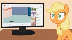 Size: 1680x945 | Tagged: applejack, artist:forgalorga, behaving like a cat, computer, cucumber, cute, derpibooru import, food, jackabetes, safe, thousand yard stare, youtube