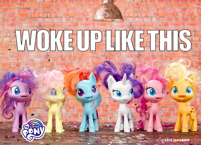 Size: 960x694 | Tagged: safe, derpibooru import, official, applejack, fluttershy, pinkie pie, rainbow dash, rarity, twilight sparkle, twilight sparkle (alicorn), alicorn, earth pony, pegasus, pony, unicorn, my little pony: pony life, bad hair day, bed mane, caption, facebook, hasbro, image macro, mane six, messy hair, my little pony logo, text, toy, woke up like this