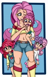 Size: 710x1125 | Tagged: age regression, apple bloom, artist:cuddlelamb, baby, belly button, clothes, cutie mark crusaders, derpibooru import, diaper, dress, fluttermom, fluttershy, human, humanized, midriff, overalls, pacifier, safe, scootaloo, shorts, short shirt, sweetie belle