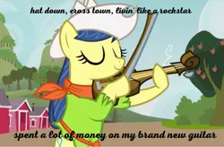 Size: 913x598 | Tagged: safe, derpibooru import, edit, edited screencap, screencap, fiddlesticks, pony, apple family reunion, season 3, apple family member, cowboy hat, cowgirl, hat, lil nas x, lyrics, musical instrument, old town road, playing, playing instrument, solo, song reference, text, violin, youtube, youtube link
