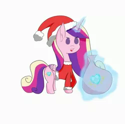 Size: 3300x3300 | Tagged: safe, artist:iceflare0714, derpibooru import, princess cadance, alicorn, pony, christmas, clothes, costume, glowing horn, hat, holiday, horn, padoru, santa costume, santa hat, solo