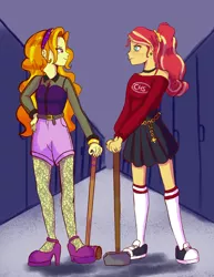 Size: 786x1017 | Tagged: safe, artist:pettypop, derpibooru import, adagio dazzle, sunset shimmer, equestria girls, alternate costumes, alternate hairstyle, clothes, converse, croquet mallet, female, freckles, hammer, shoes, sledgehammer