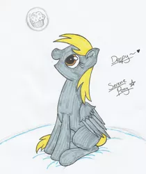 Size: 1524x1817 | Tagged: safe, artist:serenepony, deleted from derpibooru, derpibooru import, derpy hooves, pegasus, pony, bubble, female, food, happy, looking up, mare, muffin, simple background, sitting, smiling, solo, traditional art