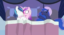 Size: 1362x761 | Tagged: safe, artist:mlp-silver-quill, derpibooru import, edit, princess cadance, princess luna, shining armor, pony, accessory-less edit, after the fact, bed, female, horn, horns are touching, implied sex, male, mare, missing accessory, pillow, singing, somepony sleeps next to shining armor and princess cadance, stallion, the fun has been doubled, wide eyes