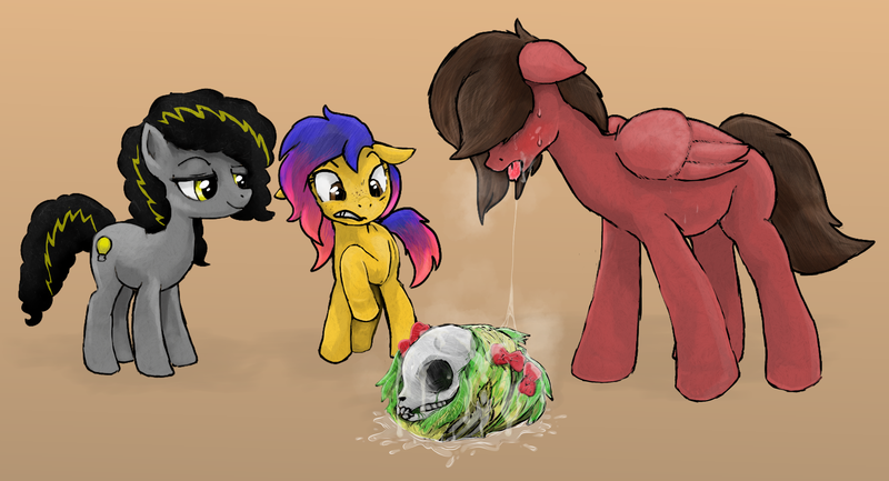 Size: 2800x1516 | Tagged: semi-grimdark, artist:plaguetyranno, derpibooru import, oc, oc:bug-zapper, oc:line art, oc:red rose, earth pony, pegasus, pony, dead, death, disposal, drool, drool string, fetish, pellet, post-vore, scat, story in the source, vore