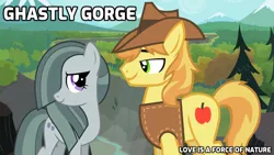 Size: 2064x1162 | Tagged: safe, derpibooru import, braeburn, marble pie, pony, appleloosa, bittersweet, braeble, brokeback mountain, canyon, cliff, crack shipping, fanfic idea, female, ghastly gorge, gustavo santaolalla, hope, looking at each other, love, lyrics in the description, male, mountain, mountain range, movie poster, movie reference, outdoors, river, rock farm, romance, scenery, shipping, shipping fuel, smiling, straight, this will end in love, together, youtube link