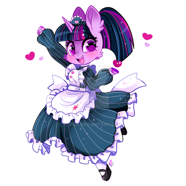 Size: 800x800 | Tagged: safe, artist:ipun, derpibooru import, part of a set, twilight sparkle, anthro, unguligrade anthro, unicorn, alternate hairstyle, apron, arm hooves, breasts, cheek fluff, chestbreasts, clothes, cute, deviantart watermark, dress, ear fluff, female, maid, mare, mary janes, obtrusive watermark, open mouth, part of a series, ponytail, shoes, socks, solo, twiabetes, unicorn twilight, watermark