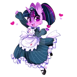 Size: 800x800 | Tagged: safe, artist:ipun, derpibooru import, part of a set, twilight sparkle, anthro, unguligrade anthro, unicorn, alternate hairstyle, apron, arm hooves, breasts, cheek fluff, chestbreasts, clothes, cute, deviantart watermark, dress, ear fluff, female, maid, mare, mary janes, obtrusive watermark, open mouth, part of a series, ponytail, shoes, socks, solo, twiabetes, unicorn twilight, watermark