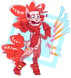 Size: 1356x1500 | Tagged: safe, artist:eqq_scremble, derpibooru import, pinkie pie, oc, oc:papynkie pie, earth pony, hybrid, pony, bone, boots, clothes, crossover, crossover shipping, female, gloves, mare, offspring, papyrus (undertale), parent:papyrus (undertale), parent:pinkie pie, scarf, shipping, shoes, simple background, skeleton, solo, undertale, wingding eyes