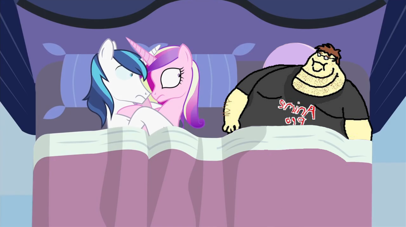 Size: 1362x761 | Tagged: safe, artist:mlp-silver-quill, derpibooru import, edit, princess cadance, shining armor, pony, 1000 years in photoshop, after the fact, anime, bed, female, horn, horns are touching, implied sex, male, somepony sleeps next to shining armor and princess cadance