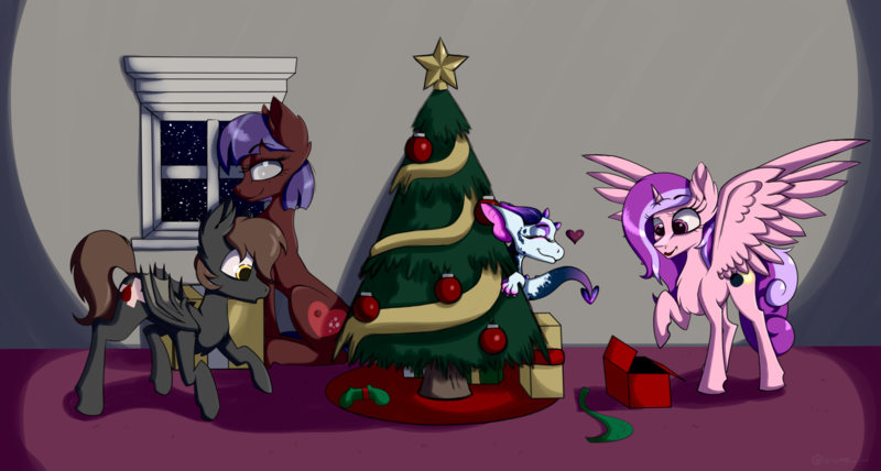 Size: 5874x3144 | Tagged: safe, artist:lux-arume, derpibooru import, oc, oc:delarexa raecora, oc:gypsy heart, oc:opalesthine, oc:sunbeam eclipse, unofficial characters only, alicorn, bat pony, dragon, horse, pony, christmas, christmas tree, female, holiday, male, mare, not cadance, stallion, tree, window