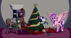 Size: 5874x3144 | Tagged: safe, artist:lux-arume, derpibooru import, oc, oc:delarexa raecora, oc:gypsy heart, oc:opalesthine, oc:sunbeam eclipse, unofficial characters only, alicorn, bat pony, dragon, horse, pony, christmas, christmas tree, female, holiday, male, mare, not cadance, stallion, tree, window