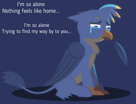 Size: 468x360 | Tagged: safe, alternate version, artist:gd_inuk, derpibooru import, editor:gooeybird, gallus, gryphon, alone, beak hold, blue background, chest fluff, crying, cute, feather, lighting, lonely, male, marshmello, sad, sad eyes, sadorable, simple background, song reference