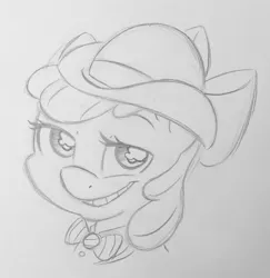 Size: 1992x2048 | Tagged: safe, artist:abbystarling, deleted from derpibooru, derpibooru import, apple bloom, pony, hat, sketch, smug, solo