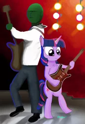 Size: 2084x3015 | Tagged: safe, artist:firefoxd, derpibooru import, twilight sparkle, oc, oc:anon, pony, unicorn, band, electric guitar, guitar, musical instrument, smoke