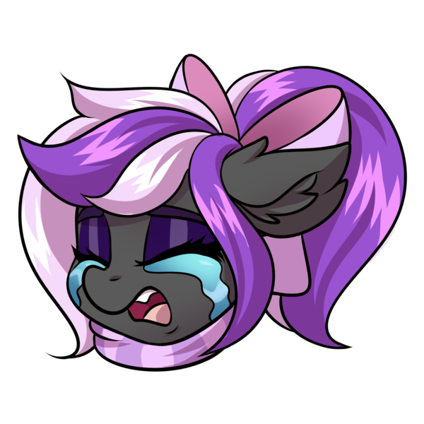 Size: 2000x2000 | Tagged: safe, artist:ask-colorsound, derpibooru import, oc, oc:nightwalker, unofficial characters only, pony, bow, clothes, crying, emotes, eyes closed, fangs, hair bow, open mouth, scarf, simple background, slit eyes, slit pupils, transparent background