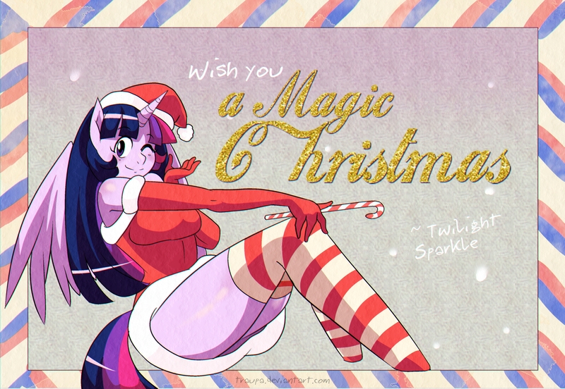 Size: 3109x2147 | Tagged: anthro, artist:traupa, big breasts, breasts, busty twilight sparkle, christmas, clothes, costume, derpibooru import, evening gloves, food, gloves, hat, holiday, long gloves, one eye closed, postcard, safe, santa costume, santa hat, socks, stockings, sugar cane, thigh highs, twilight sparkle, wink