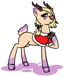 Size: 676x816 | Tagged: artist:dragonflyfire8, artist:ponebox, clothes, deer, deer pony, derpibooru import, female, freckles, hair over one eye, holly, oc, original species, raised hoof, safe, simple background, solo, transparent background, unofficial characters only