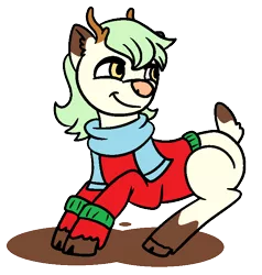 Size: 702x738 | Tagged: artist:dragonflyfire8, artist:ponebox, clothes, deer, deer pony, derpibooru import, female, looking back, oc, original species, safe, scarf, simple background, smiling, solo, transparent background, unofficial characters only, unshorn fetlocks