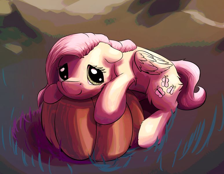 Size: 2507x1943 | Tagged: safe, artist:shaliwolf, derpibooru import, fluttershy, pegasus, pony, cute, female, floppy ears, folded wings, leg fluff, looking at you, mare, prone, pumpkin, shyabetes, smiling, solo, three quarter view, wings