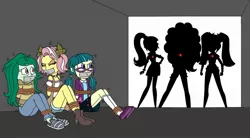 Size: 1203x664 | Tagged: safe, artist:bugssonicx, derpibooru import, adagio dazzle, aria blaze, juniper montage, sonata dusk, vignette valencia, wallflower blush, equestria girls, arm behind back, bondage, boots, bound and gagged, clothes, denim shorts, freckles, gag, glasses, glow, jeans, jewelry, miniskirt, pants, pendant, pigtails, rope, rope bondage, shadow, shoes, shorts, silhouette, skirt, socks, sweater, tape, tape gag, tied up