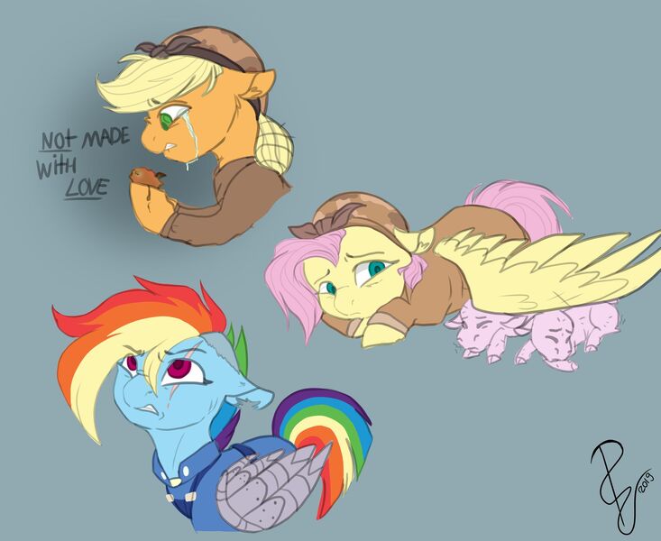 Size: 1920x1572 | Tagged: safe, artist:poowndraww, derpibooru import, applejack, fluttershy, rainbow dash, earth pony, pegasus, pony, sheep, the cutie re-mark, alternate timeline, amputee, apocalypse dash, apocalypse fluttershy, applecalypsejack, artificial wings, augmented, colored pupils, crying, crystal war timeline, ear fluff, female, floppy ears, lamb, mare, mechanical wing, prosthetic limb, prosthetic wing, prosthetics, rotten apple, sad, scar, scared, torn ear, trio, war, wings