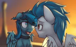 Size: 4000x2500 | Tagged: suggestive, artist:toanderic, derpibooru import, oc, oc:niveous, oc:rosy firefly, unofficial characters only, pegasus, pony, chest fluff, collar, drool, drool string, eye contact, gay, kissing, lidded eyes, looking at each other, male, ocean, open mouth, stallion, sunset