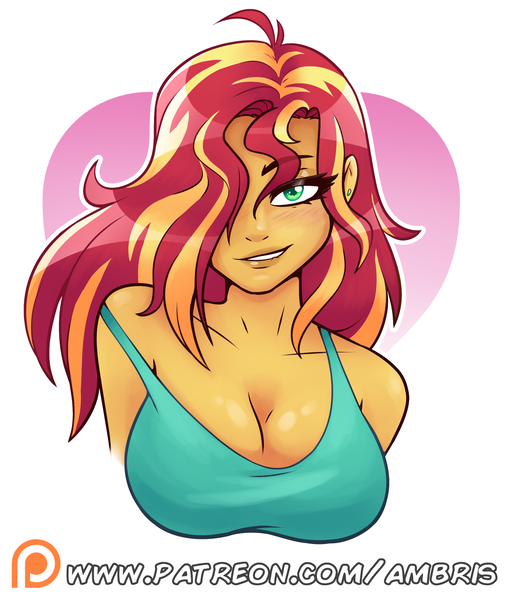 Size: 1200x1425 | Tagged: suggestive, artist:ambris, derpibooru import, sunset shimmer, equestria girls, bedroom eyes, breasts, busty sunset shimmer, cleavage, clothes, commission, dishevelled, female, hair over one eye, lip bite, looking at you, patreon, patreon logo, sexy, shirt, simple background, smiling, solo, stupid sexy sunset shimmer, tanktop, white background