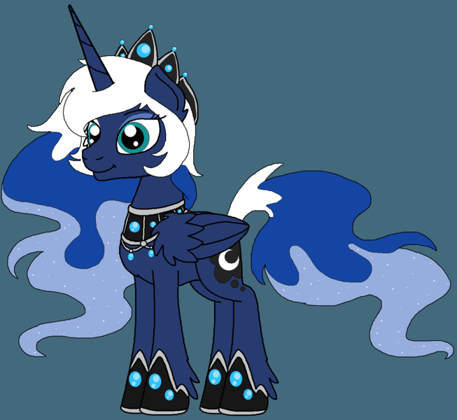 Size: 1428x1312 | Tagged: safe, artist:rosefang16, derpibooru import, princess luna, alicorn, pony, astralverse, blue background, crown, ear fluff, eyeshadow, female, hoof shoes, jewelry, leg fluff, makeup, mare, redesign, regalia, simple background, solo, wing fluff