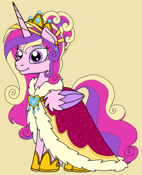 Size: 1068x1316 | Tagged: safe, artist:rosefang16, derpibooru import, princess cadance, alicorn, pony, astralverse, alternate hairstyle, clothes, crown, ear piercing, earring, eyeshadow, female, hoof shoes, jewelry, makeup, mare, piercing, redesign, regalia, robe, simple background, solo, wing fluff, yellow background