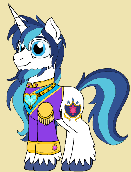 Size: 1048x1380 | Tagged: safe, artist:rosefang16, derpibooru import, shining armor, pony, unicorn, astralverse, alternate hairstyle, beard, clothes, coat, ear fluff, facial hair, jewelry, male, regalia, shirt, simple background, solo, stallion, unshorn fetlocks, yellow background