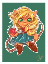 Size: 768x1024 | Tagged: anthro, apple, applejack, artist:dinakyo, belt, boots, chibi, clothes, colored pupils, cute, denim skirt, derpibooru import, female, food, jackabetes, lasso, looking at you, rope, safe, shoes, skirt, solo