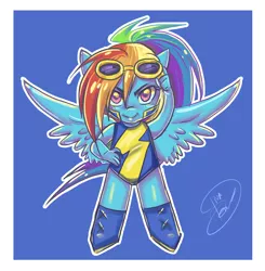 Size: 1004x1024 | Tagged: safe, artist:dinakyo, derpibooru import, rainbow dash, anthro, alternate hairstyle, chibi, clothes, cute, dashabetes, female, goggles, hand on hip, looking at you, ponytail, solo, spread wings, uniform, wings, wonderbolt trainee uniform