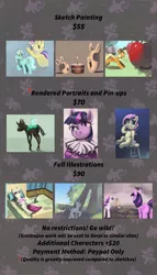 Size: 2341x4096 | Tagged: safe, artist:toisanemoif, derpibooru import, applejack, bandage pony, bon bon, fluttershy, lyra heartstrings, pinkie pie, rainbow dash, rarity, sweetie drops, twilight sparkle, twilight sparkle (alicorn), alicorn, changeling, pony, advertisement, apple, bust, cake, commission info, food, hand, mane six, portrait