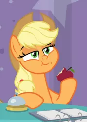 Size: 522x730 | Tagged: safe, derpibooru import, screencap, applejack, earth pony, pony, a trivial pursuit, :t, apple, applejack's hat, chewing, confident, cowboy hat, cropped, eating, faic, female, food, hat, herbivore, holding, hooves on the table, lidded eyes, mare, ponytail, puffy cheeks, raised eyebrow, raised hoof, sitting, smiling, smirk, smugjack, solo, stetson, that pony sure does love apples