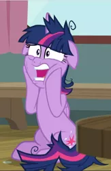 Size: 614x941 | Tagged: safe, derpibooru import, screencap, twilight sparkle, twilight sparkle (alicorn), alicorn, pony, a trivial pursuit, cropped, faic, floppy ears, hooves on face, messy mane, open mouth, sitting, solo, squishy cheeks, twilight snapple